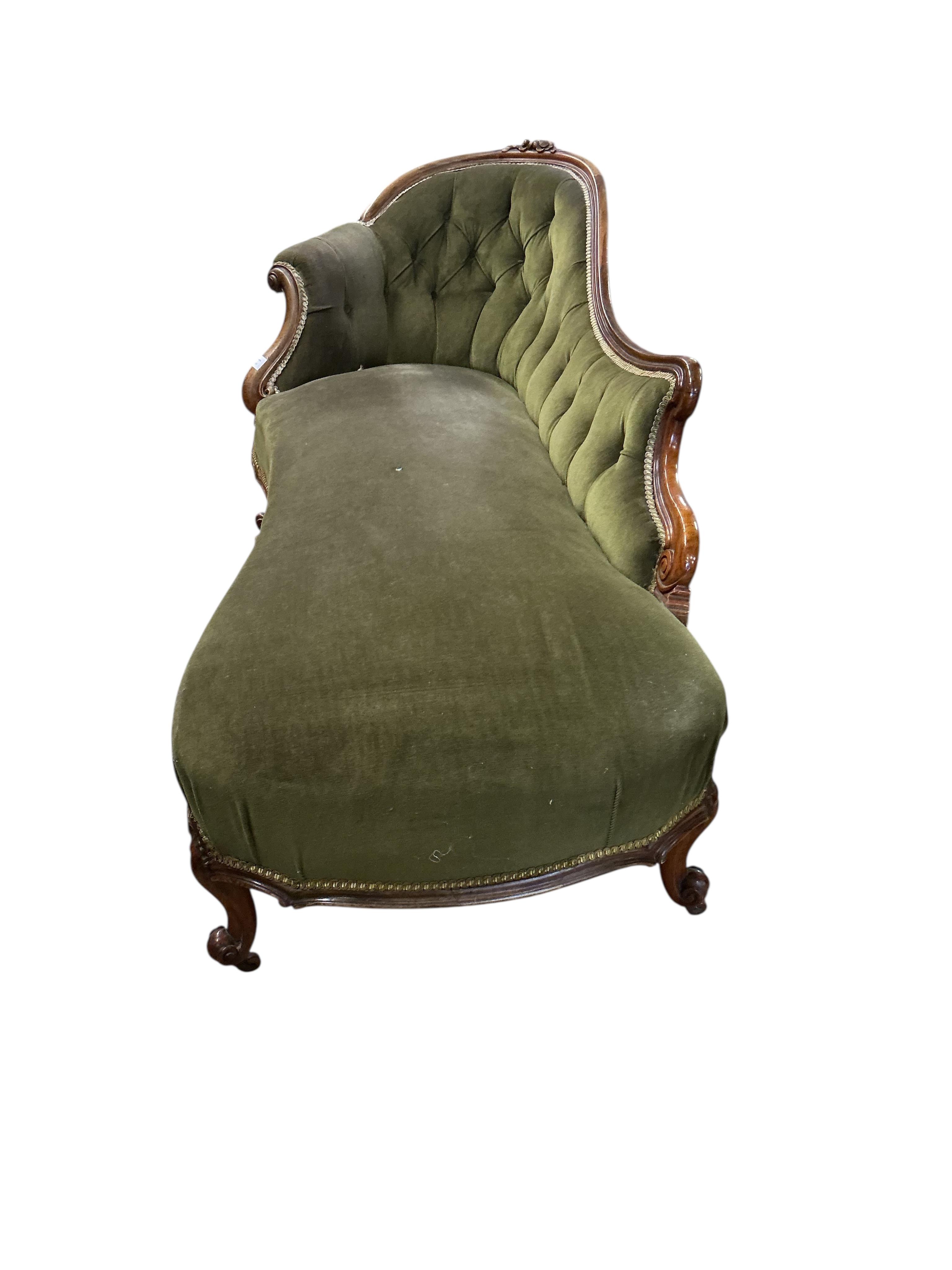 A Victorian upholstered mahogany chaise longue, width 184cm, depth 80cm, height 80cm